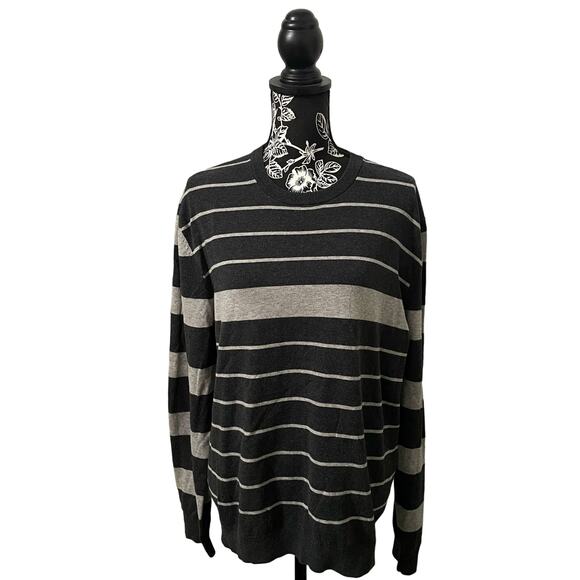 Express Stretch Pima Cotton Crewneck Sweater Knit Horizontal Stripes Gray XL - Picture 1 of 8